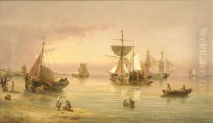 Evening Calm, Thedutch Coast, With Fishing Fleet And Merchantmen, A Windmill Beyond