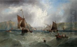 Fishing Boats On A Stormy Sea Off Whitby by Henry Redmore