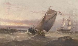 A Dutch Brig Running Out Of Harbour Amidst Other Traffic Atdusk by Henry Redmore