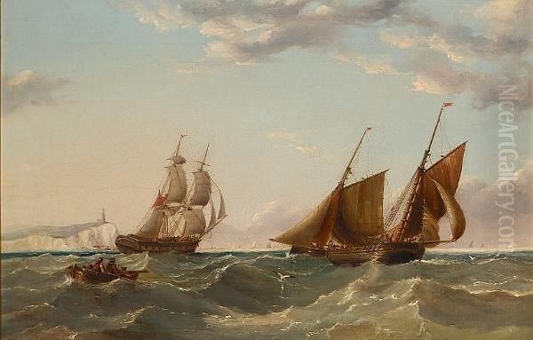 A Merchant Brig Running Up The
East Coast Past Flamborough Head; A Three-masted Merchantman Off The
Channel Coast, With A Dutch Hoy Heading Inshore - view 1