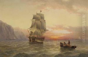 A Royal Naval Two-decker Running Along The Coast At Dusk