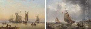 A Schooner And Fishing Vessels In A Calm; And Dutch Fishing Barges Running Into Port by Henry Redmore