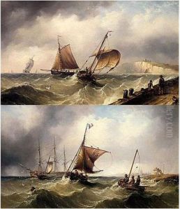 Fishing Vessels Heading Out To Sea; Fishing Vessels And A Merchant Ship In Choppy Seas by Henry Redmore