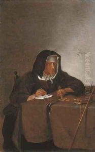A woman counting coins at a table