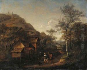 A wooded landscape with peasants on a path by a watermill, a hill beyond