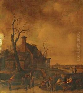A winter landscape with young kolf players on a frozen river by Jan Steen