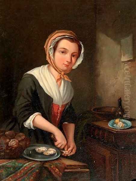 A young girl preparing oysters in an interior - view 1
