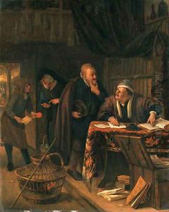 The Rent Day an interior with a lawyer at a table conversing with a client, a clerk offering a sealed document to a lady beyond