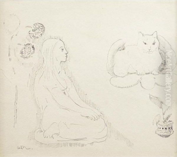 Jeune Fille Avec Chat Et Fleurs - view 1