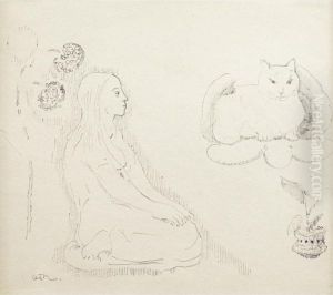 Jeune Fille Avec Chat Et Fleurs by Odilon Redon