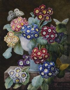 A Bunch Of Auriculae In A Vase On A Marble Plinth, Threebutterflies
