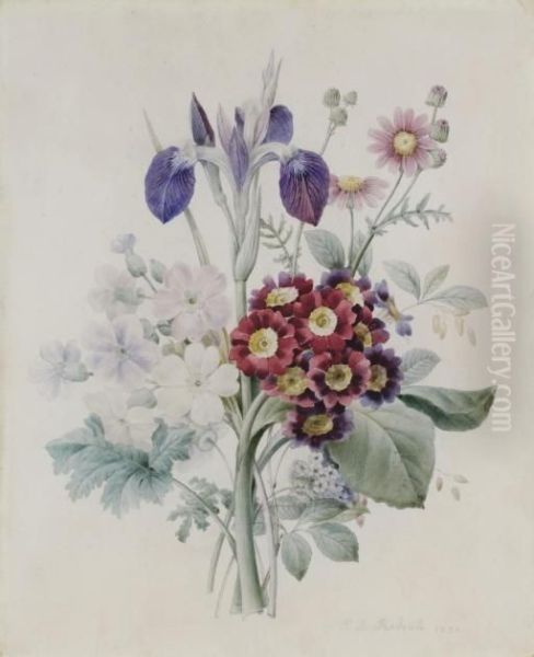 A Bunch Of Flowers With A Blue Iris And Some Red Auriculae - view 1