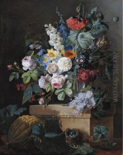 An Elaborate Still Life Of
Flowers In A Glass Vase Resting On An Alabaster Pedestal With A Bird
Nest And A Melon Below - view 1