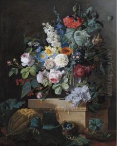 An Elaborate Still Life Of 
Flowers In A Glass Vase Resting On An Alabaster Pedestal With A Bird 
Nest And A Melon Below
