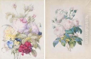 A Bunch Of Pink Roses With Violas And Other Flowers by Pierre-Joseph Redoute