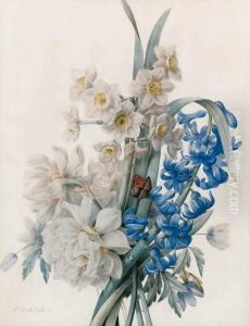 A Bunch Of Flowers Including Bluebells, Daffodils, And An Admiralbutterfly by Pierre-Joseph Redoute