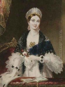 Portrait of a young Queen Victoria, half-length, in luxurious dress by Thomas Sully