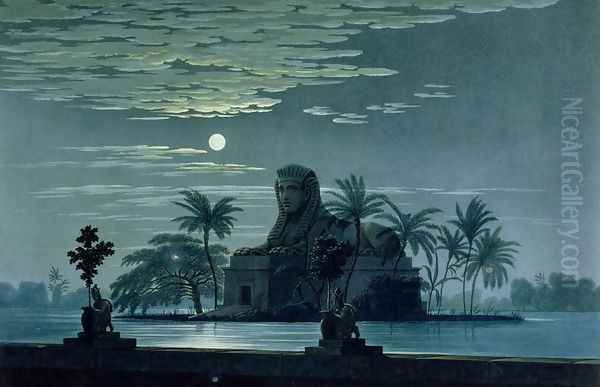 Garden scene with the Sphinx in moonlight, Act II scene 3, set design for The Magic Flute by Wolfgang Amadeus Mozart 1756-91 - view 1