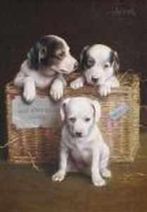 Three Puppies With A Basket. by Carl Reichert