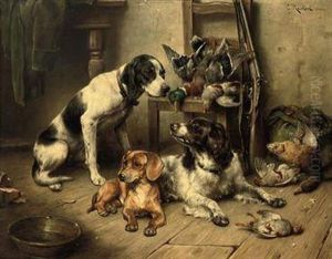 An English Pointer, A Dachshund And An English Springer Spanielafter The Hunt by Carl Reichert