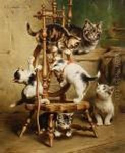 Kittens Playing On A Spinning Wheel by Carl Reichert