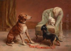 Zwei Hunde Betrachtenaufmerksam Eine Weise Katze by Carl Reichert