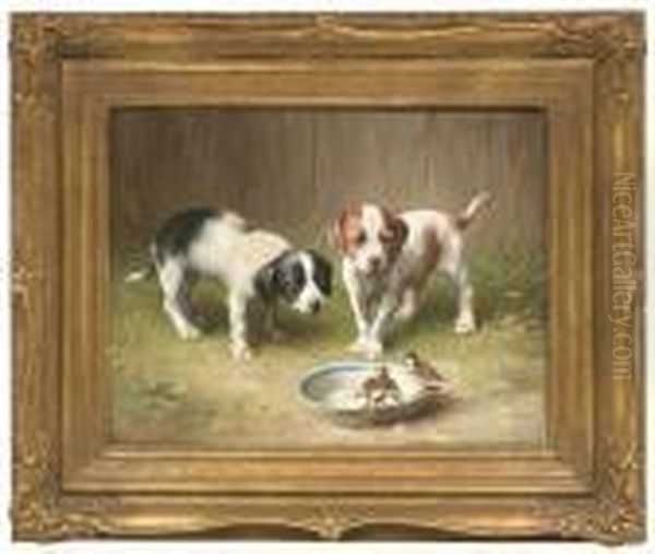 Two Puppies Observing Finchs At A Bird Bath - view 1