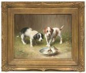 Two Puppies Observing Finchs At A Bird Bath by Carl Reichert