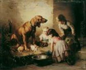 Kinder Eine Hundin Mit Ihren Welpen Bestaunend. by Carl Reichert