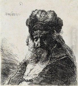 Old Bearded Man In A High Fur Cap, With Eyes Closed by Harmenszoon van Rijn Rembrandt