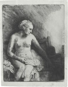Woman At The Bath With A Hat Beside Her by Harmenszoon van Rijn Rembrandt