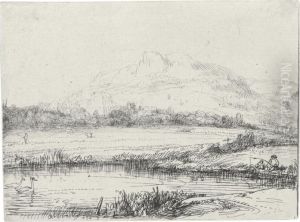 Canal With An Angler And Two Swans by Harmenszoon van Rijn Rembrandt