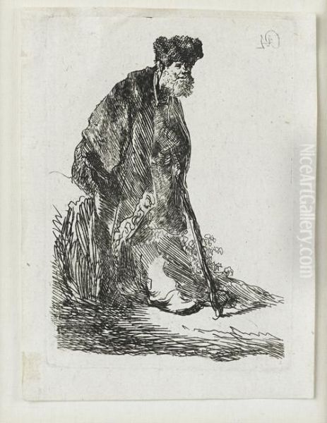 Man In Fur Cap And Cloak Leaning Against A Bank - view 1