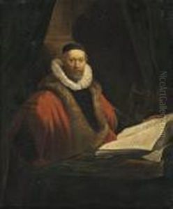 Portrait Of A Gentleman,
Half-length, Wearing A Black Cap, White Ruff And Fur-lined Red Robe,
Seated At A Desk Reading A Manuscript by Harmenszoon van Rijn Rembrandt