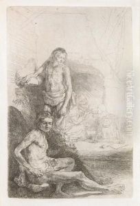 Nude Man Seated And Another Standing With A Woman And A Baby