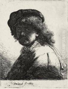 Self-portrait In A Cap And Scarf With The Face Dark: Bust by Harmenszoon van Rijn Rembrandt