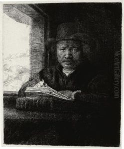 Self-portrait Drawing At A Window by Harmenszoon van Rijn Rembrandt