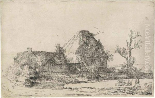Cottages And Farm Buildings With A Man Sketching - view 1
