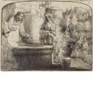 Christ And The Woman Of Samaria: 
An Arched Print by Harmenszoon van Rijn Rembrandt