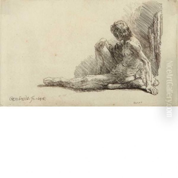 Nude Man Seated On The Ground With One Leg Extended - view 1