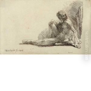 Nude Man Seated On The Ground With One Leg Extended