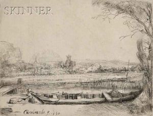 Canal With A Large Boat And Bridge by Harmenszoon van Rijn Rembrandt