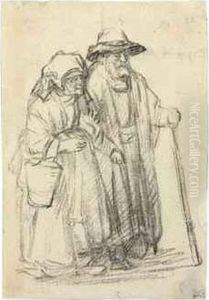 A Strolling Couple: An Old Man And A Woman Carrying A Marketpail by Harmenszoon van Rijn Rembrandt