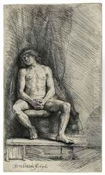Nude Man Seated Before A Curtain - view 1
