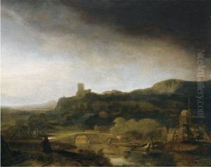 An Extensive River Landscape 
With A Windmill And A Traveller Onhorseback On A Path, Ruins Beyond