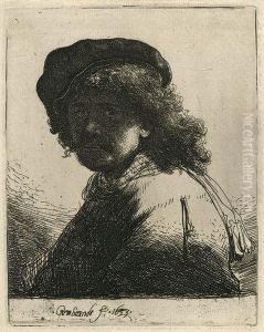 Self Portrait In A Cap And Scarf With The Face Dark: Bust by Harmenszoon van Rijn Rembrandt