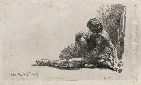 Nude Man Seated On The Ground With One Leg Extended - view 1
