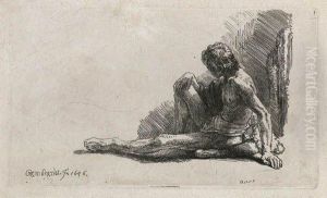 Nude Man Seated On The Ground With One Leg Extended