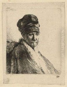 Bust Of A Man Wearing A High Cap, Three-quarters Right: The Artist's Father? by Harmenszoon van Rijn Rembrandt
