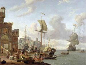 A capriccio Mediterranean harbour scene, 1678 by Abraham Storck